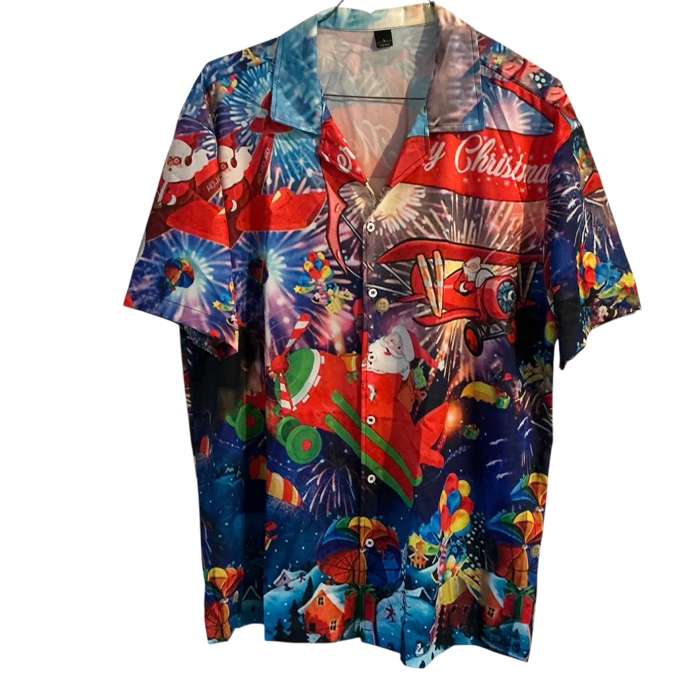 Christmas Mens Holiday Santa Claus Print Shirt Xmas Party T Shirt Tops L
